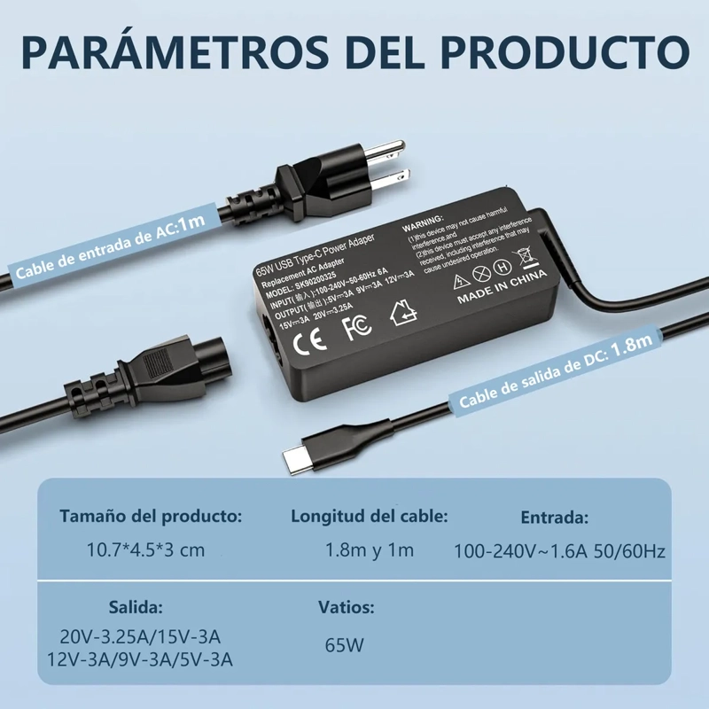 CARGADOR ALTERNATIVO LENOVO USB-C 65W 20V 3.25 AJUSTABLE - 4