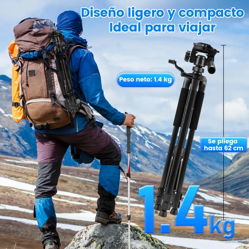 TRIPODE DE CAMARA Y CELULAR DE ALUMINIO,5KG AJUSTABLE 170CM NEGRO - 2