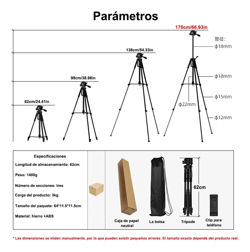 TRIPODE DE CAMARA Y CELULAR DE ALUMINIO,5KG AJUSTABLE 170CM NEGRO - 7