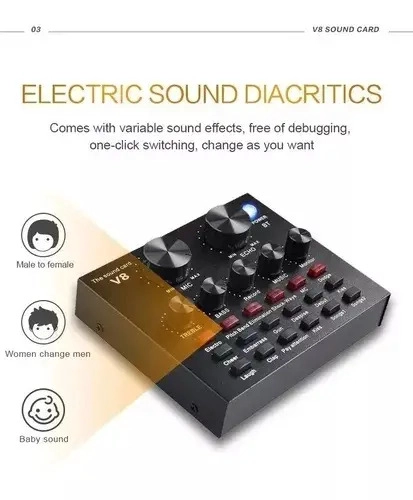 PLACA CONSOLA DE SONIDO AUDIO EFECTOS GRABACION STREAMING V8 VT-POWER USB MICROFONO MINIPLUG - 2