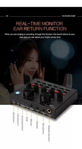 PLACA CONSOLA DE SONIDO AUDIO EFECTOS GRABACION STREAMING V8 VT-POWER USB MICROFONO MINIPLUG - 3