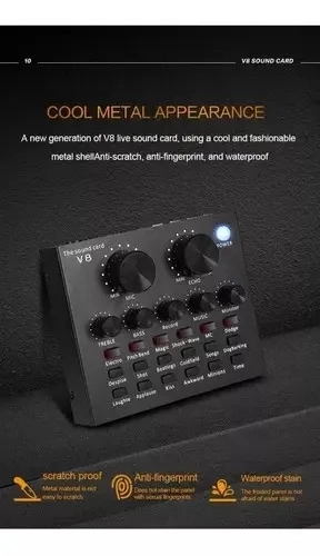 PLACA CONSOLA DE SONIDO AUDIO EFECTOS GRABACION STREAMING V8 VT-POWER USB MICROFONO MINIPLUG - 5