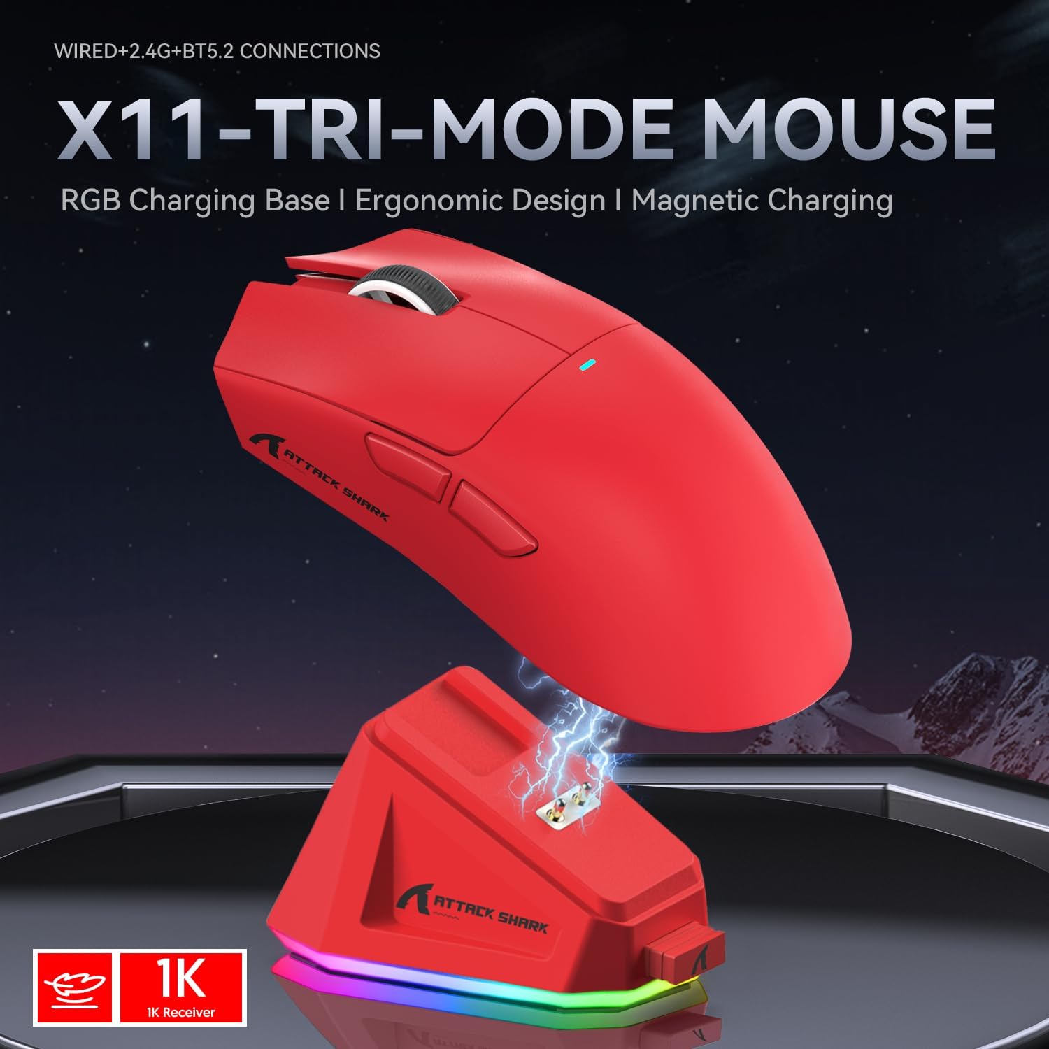 RATÓN GAMER X11 ATTACK SHARK 22000 DPI PAW3311 DOCK EN COLOR ROJO - 2