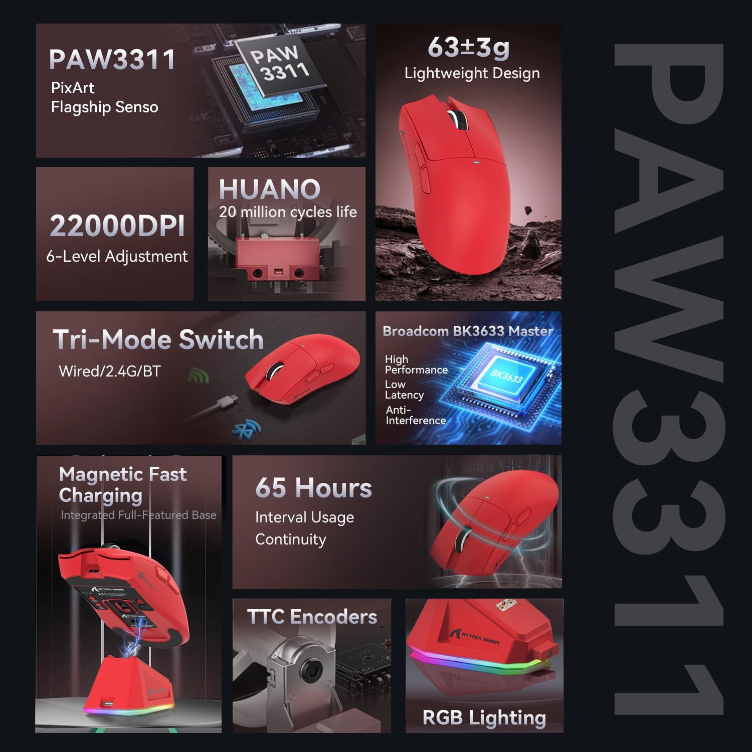 RATÓN GAMER X11 ATTACK SHARK 22000 DPI PAW3311 DOCK EN COLOR ROJO - 3