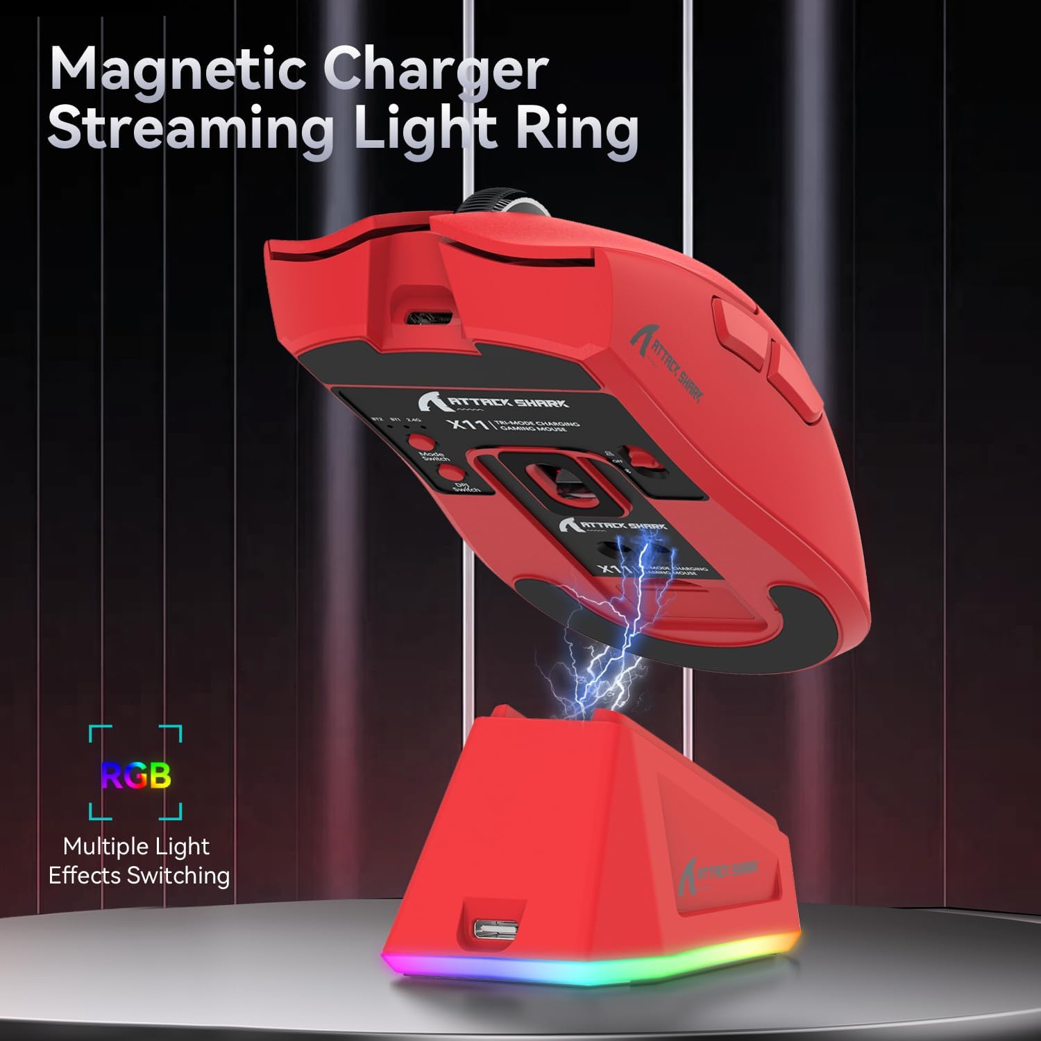 RATÓN GAMER X11 ATTACK SHARK 22000 DPI PAW3311 DOCK EN COLOR ROJO - 4