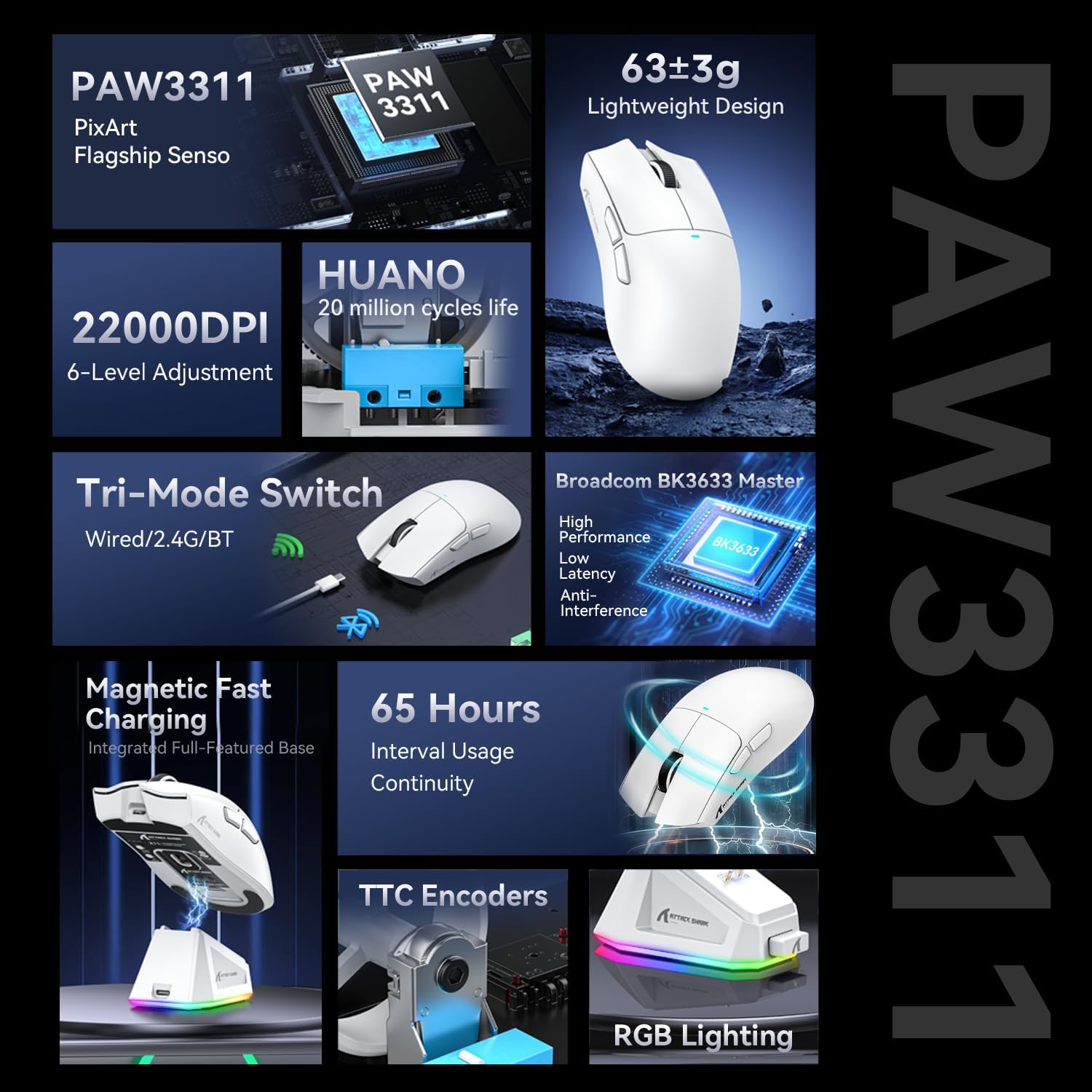 RATÓN GAMER X11 ATTACK SHARK 22000 DPI PAW3311 DOCK EN COLOR BLANCO - 5