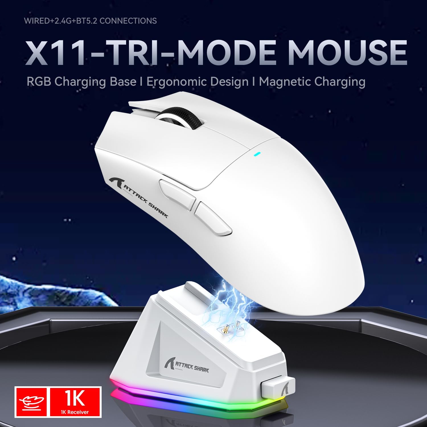 RATÓN GAMER X11 ATTACK SHARK 22000 DPI PAW3311 DOCK EN COLOR BLANCO - 6