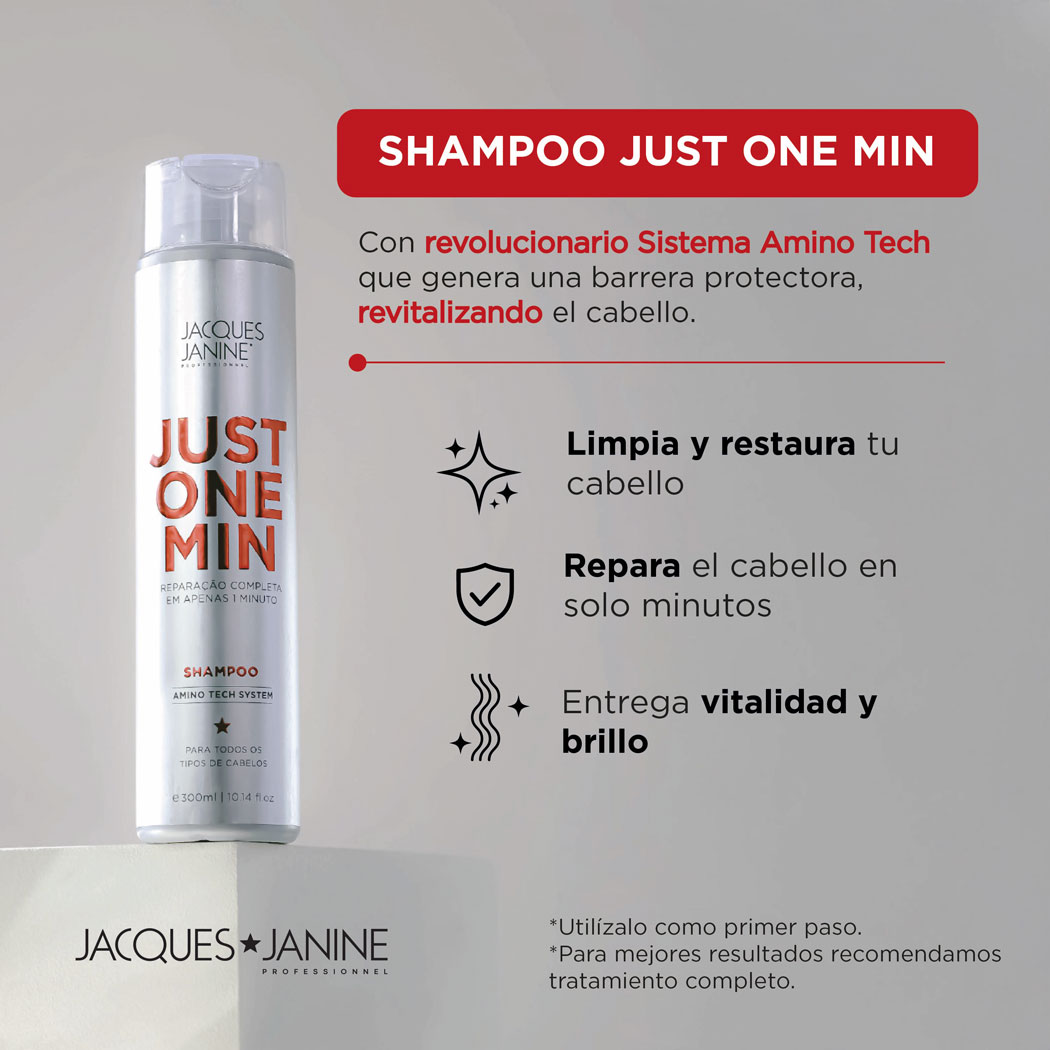 SHAMPOO INTENSIVO BRILLO Y SUAVIDAD BLINDAJE CAPILAR JUST ONE MINUTE JACQUES JANINE 300ML - 3