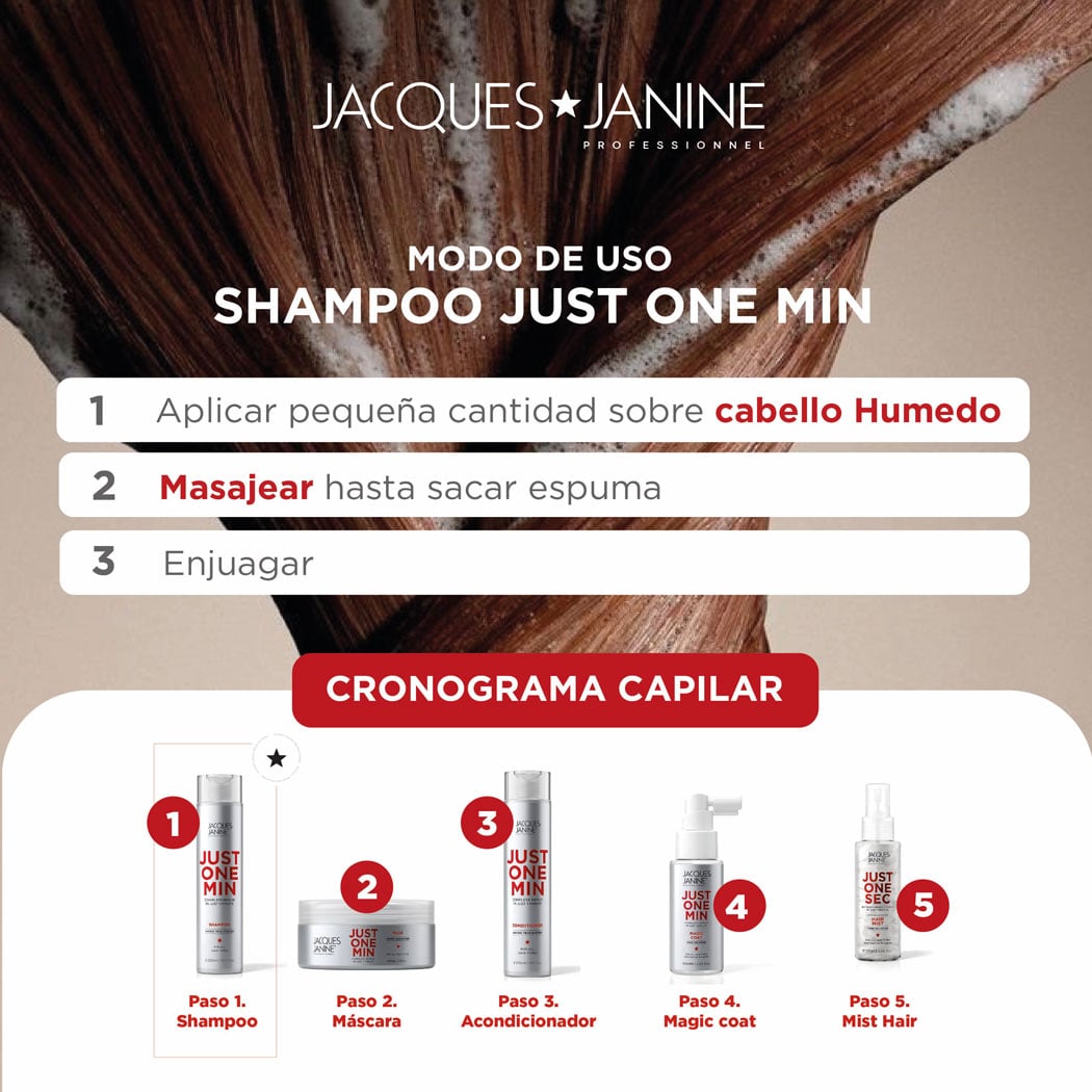 SHAMPOO INTENSIVO BRILLO Y SUAVIDAD BLINDAJE CAPILAR JUST ONE MINUTE JACQUES JANINE 300ML - 4