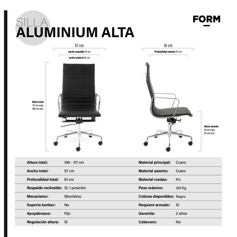 SILLA ESCRITORIO FORM OFFICE CUERO NEGRO ALUMINIUM ALTA REPLICA - 5