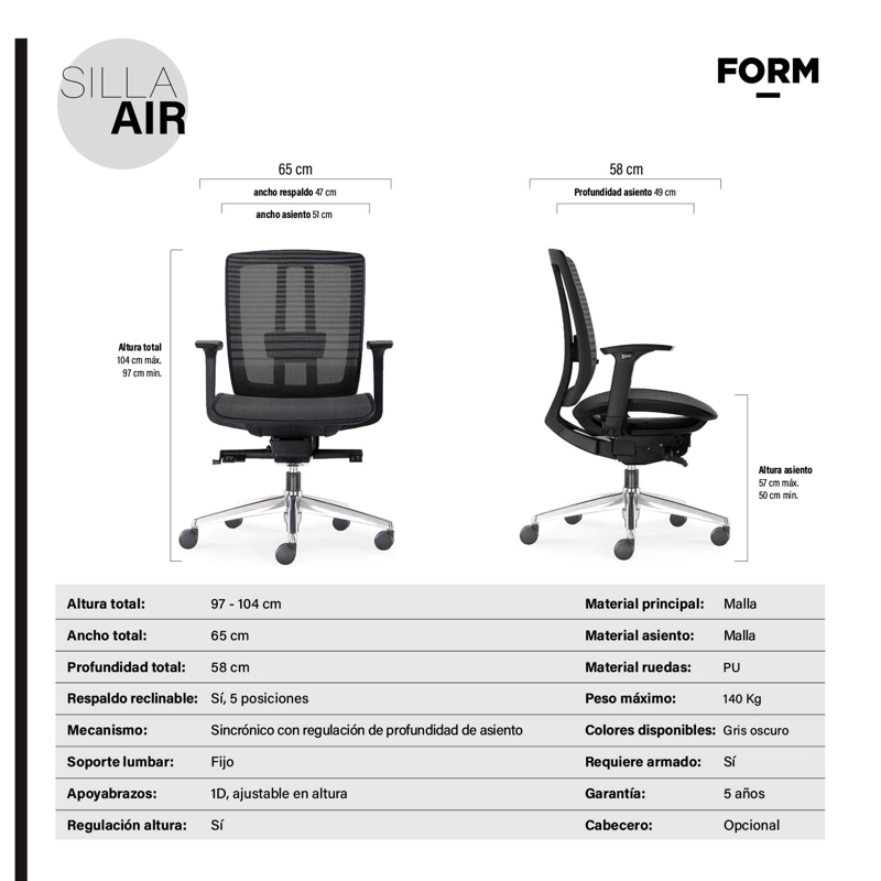 SILLA ESCRITORIO FORM OFFICE GRIS AIR OSCURO - 6