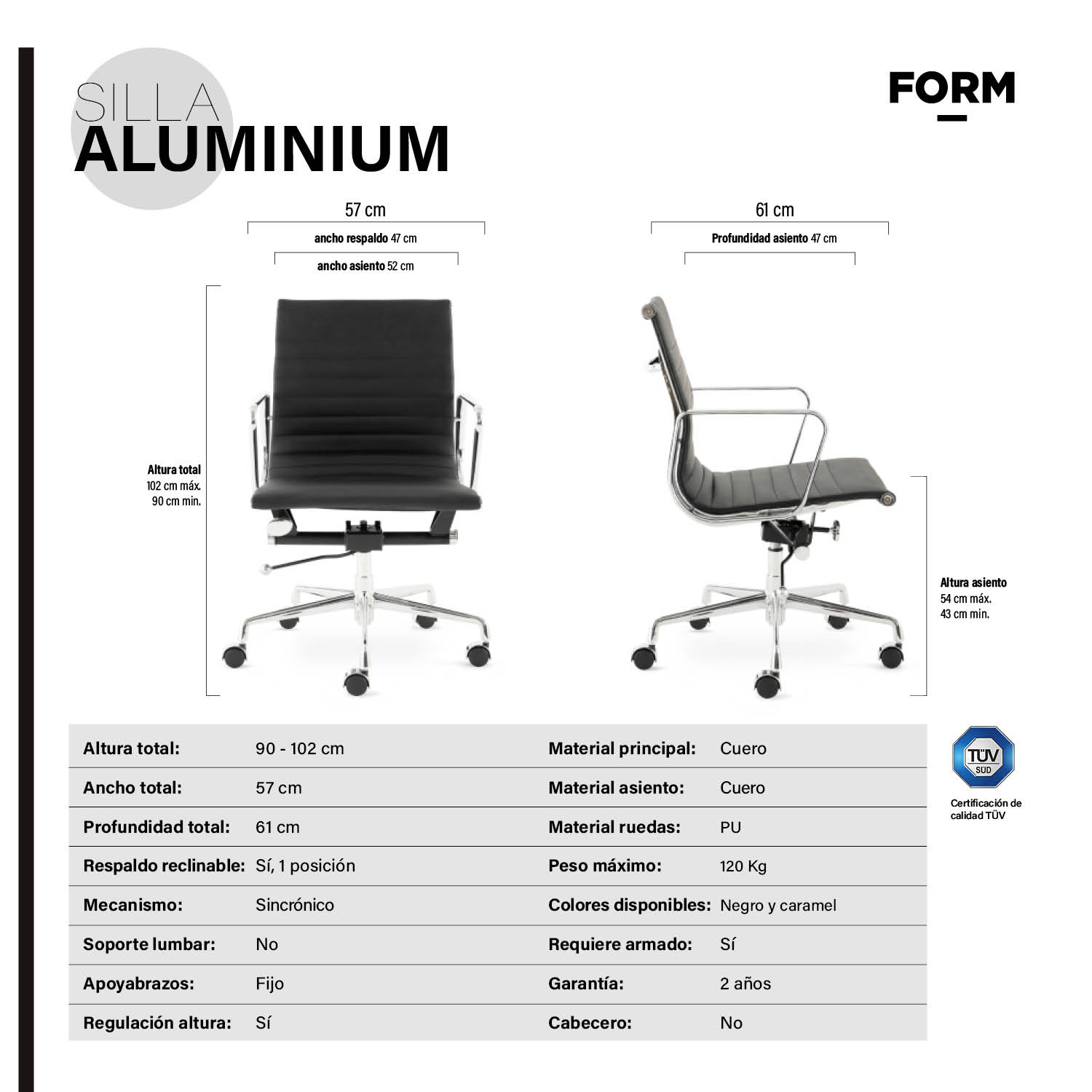 SILLA ESCRITORIO FORM OFFICE CUERO NEGRO ALUMINIUM TIPO - 6