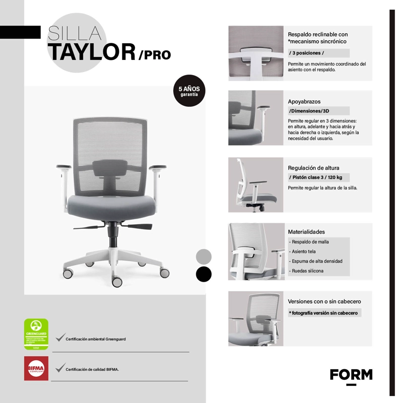 SILLA ESCRITORIO FORM OFFICE GRIS CLARO TAYLOR PRO - 7