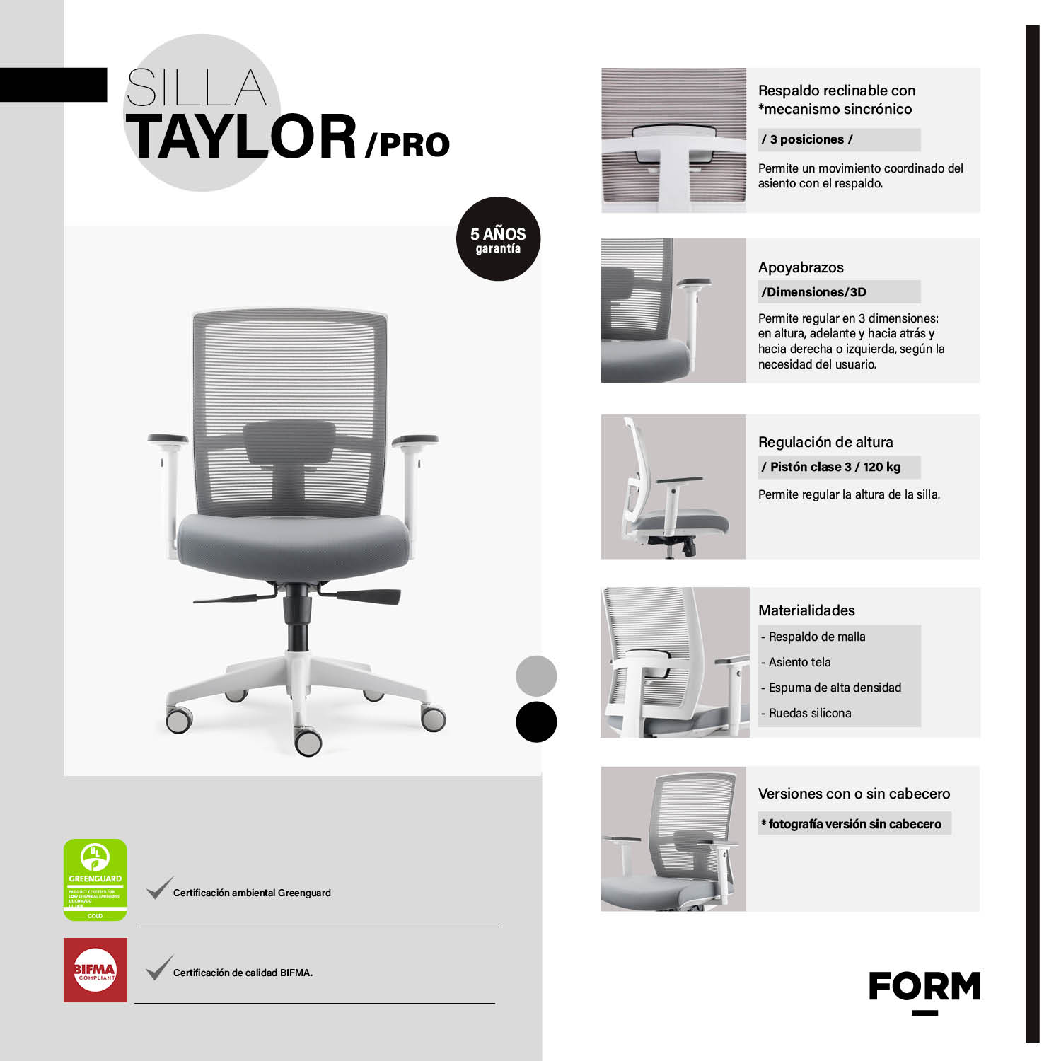 SILLA ESCRITORIO FORM OFFICE GRIS CLARO TAYLOR PRO - 7