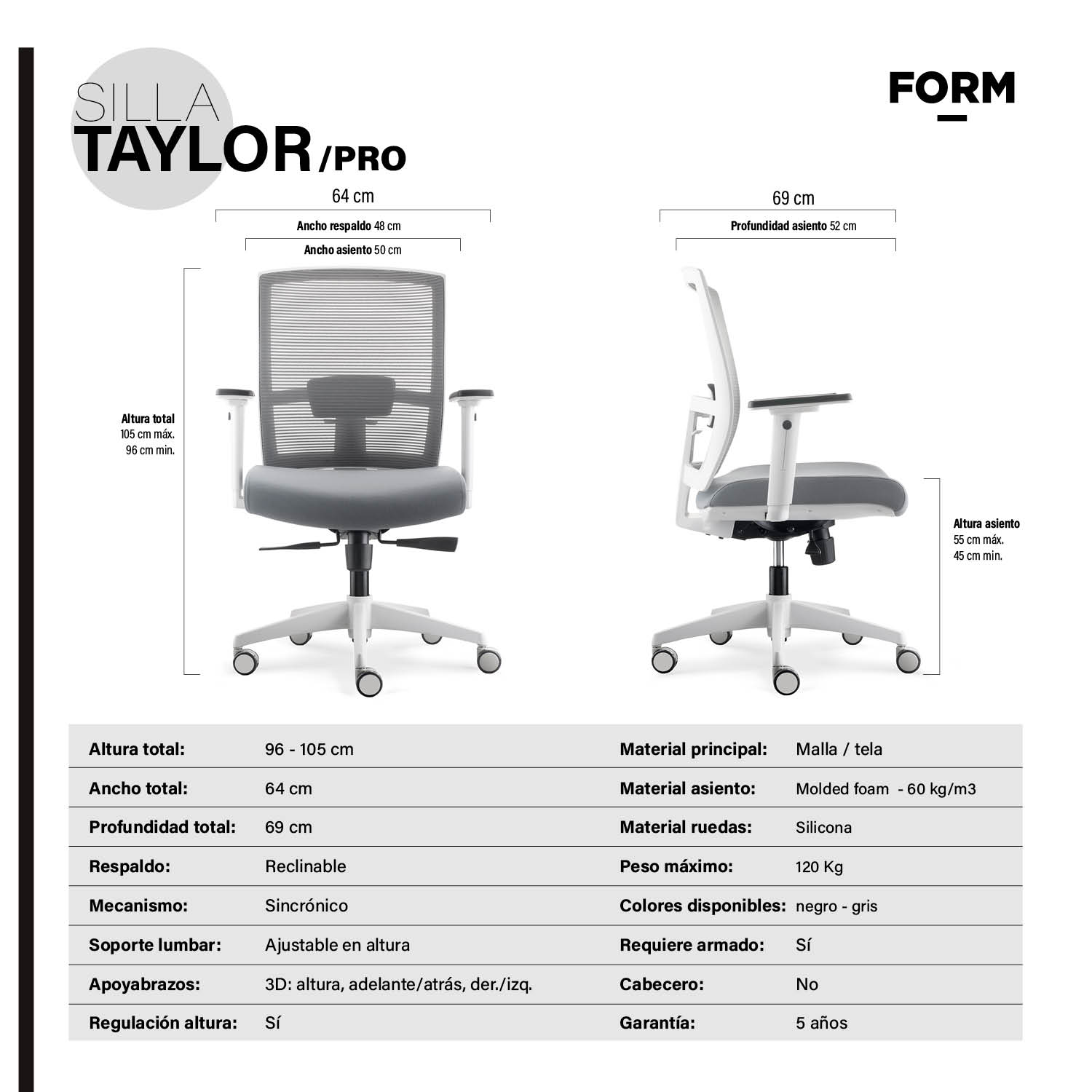 SILLA ESCRITORIO FORM OFFICE GRIS CLARO TAYLOR PRO - 8