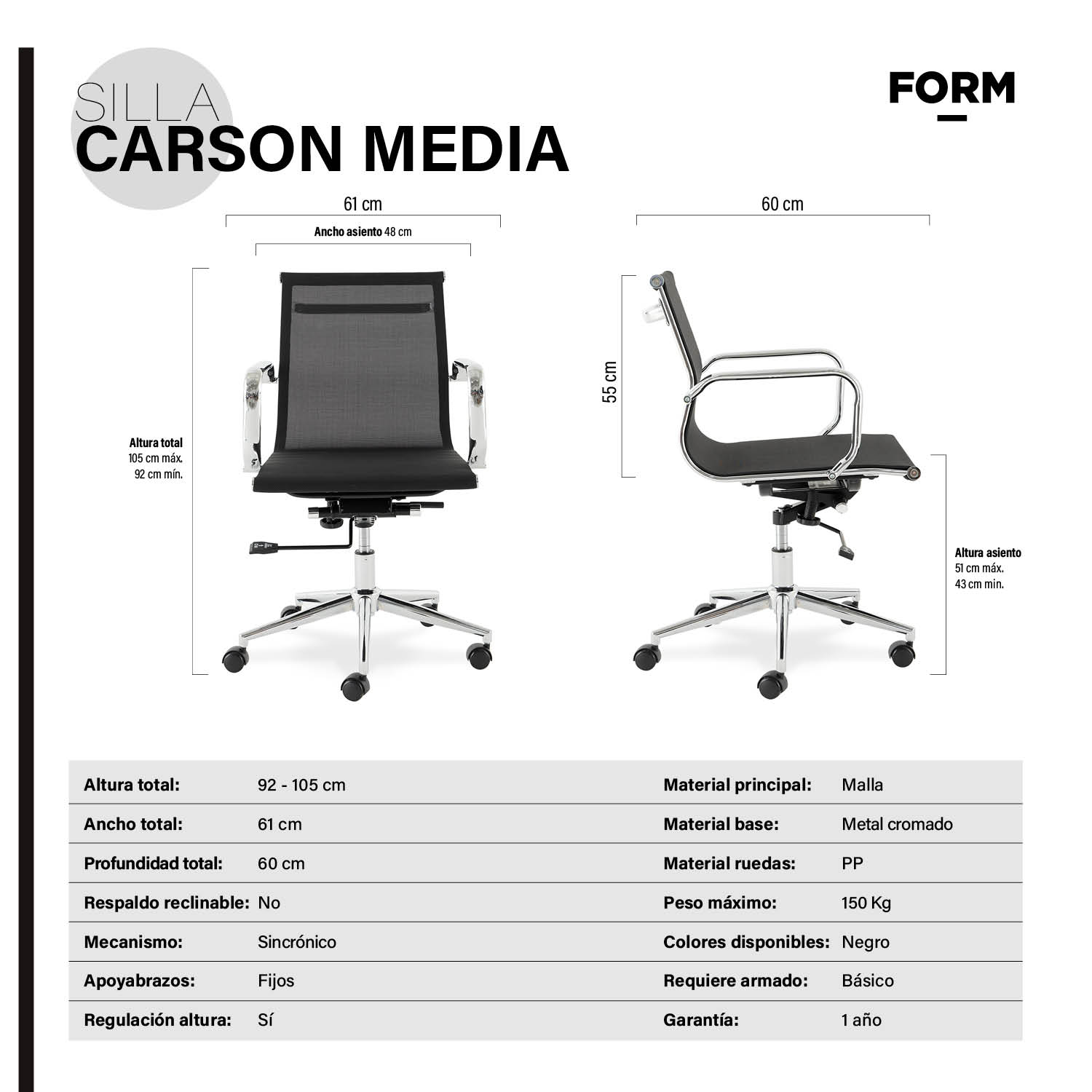 SILLA OFICINA FORM OFFICE NEGRO CARSON MEDIA - 6