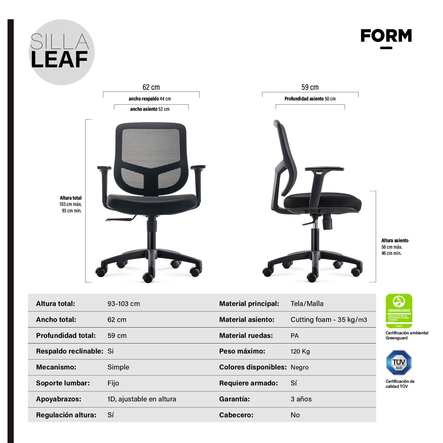 SILLA OFICINA FORM OFFICE NEGRO O ESCRITORIO LEAF - 6