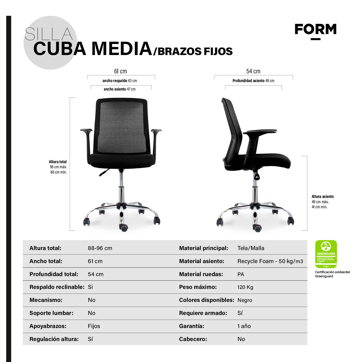 SILLA ESCRITORIO FORM OFFICE NEGRO CUBA MEDIA BRAZOS FIJOS - 5