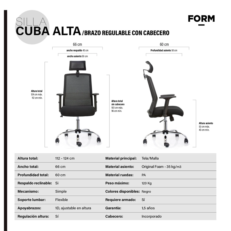SILLA ESCRITORIO FORM OFFICE NEGRO CUBA ALTA BRAZO REG Y CABECERO - 6
