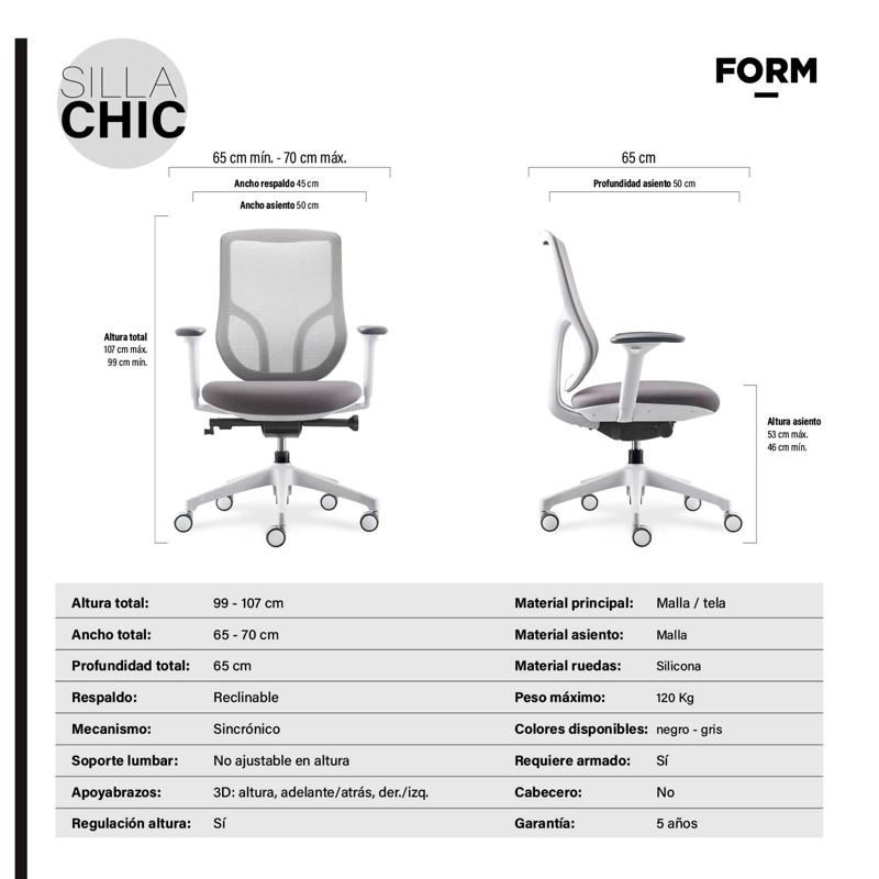 SILLA OFICINA FORM OFFICE ALUMINIO GRIS CHIC CLARO - 6
