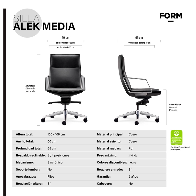 SILLA OFICINA FORM OFFICE ALUMINIO CUERO NEGRO ALEK MEDIA - 5