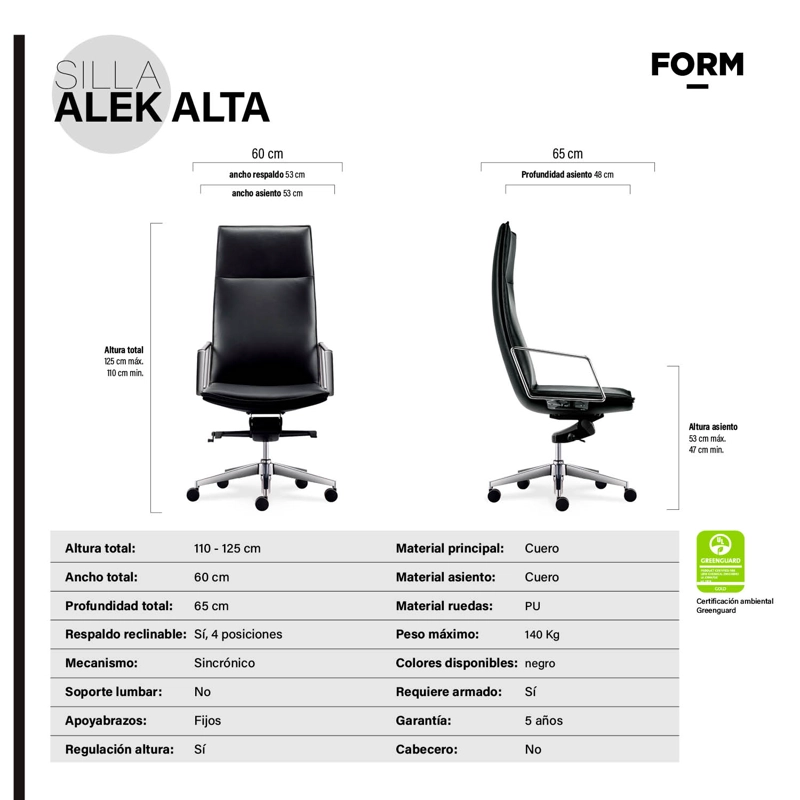 SILLA OFICINA FORM OFFICE ALUMINIO CUERO NEGRO ALEK ALTA - 7