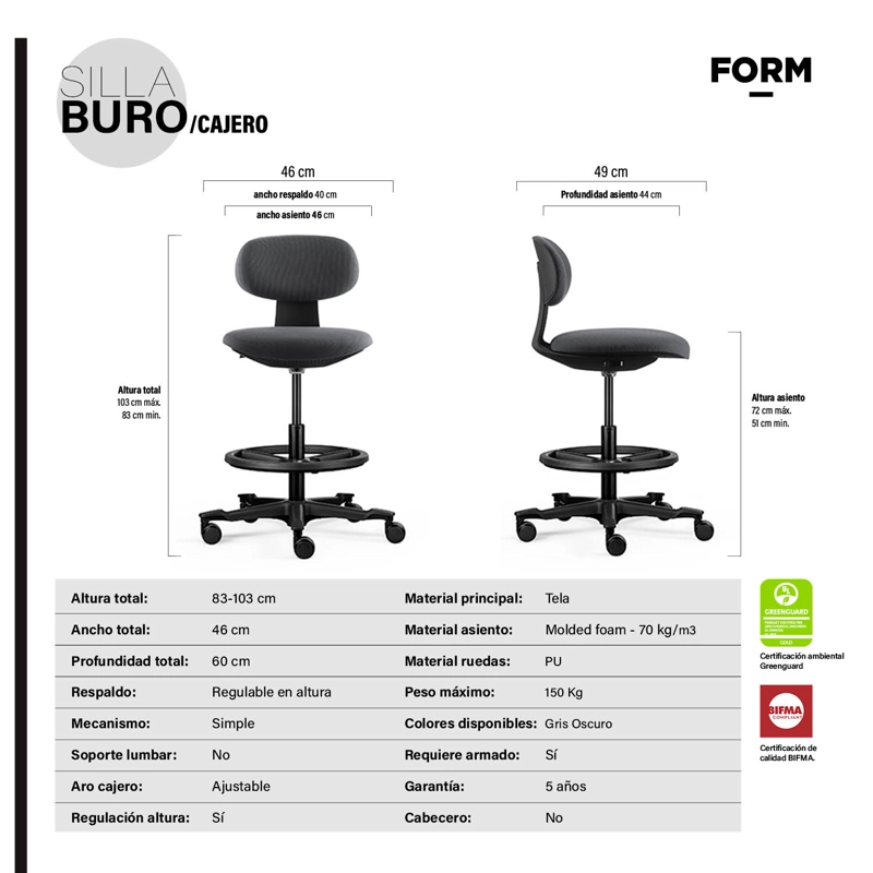 SILLA OFICINA FORM OFFICE METAL GRIS BURO CAJERO OSCURO - 7