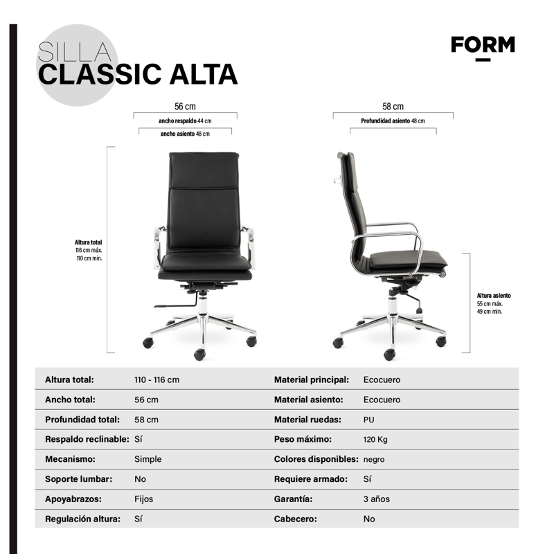 SILLA EJECUTIVA FORM OFFICE ALUMINIO NEGRO CLASSIC ALTA - 6