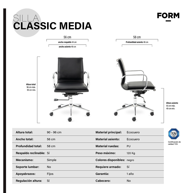 SILLA EJECUTIVA FORM OFFICE ALUMINIO NEGRO CLASSIC MEDIA - 5