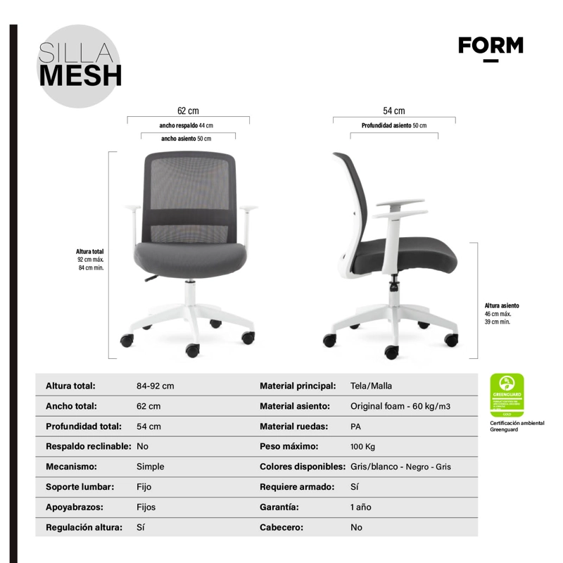 SILLA OFICINA FORM OFFICE GRIS MESH - 6
