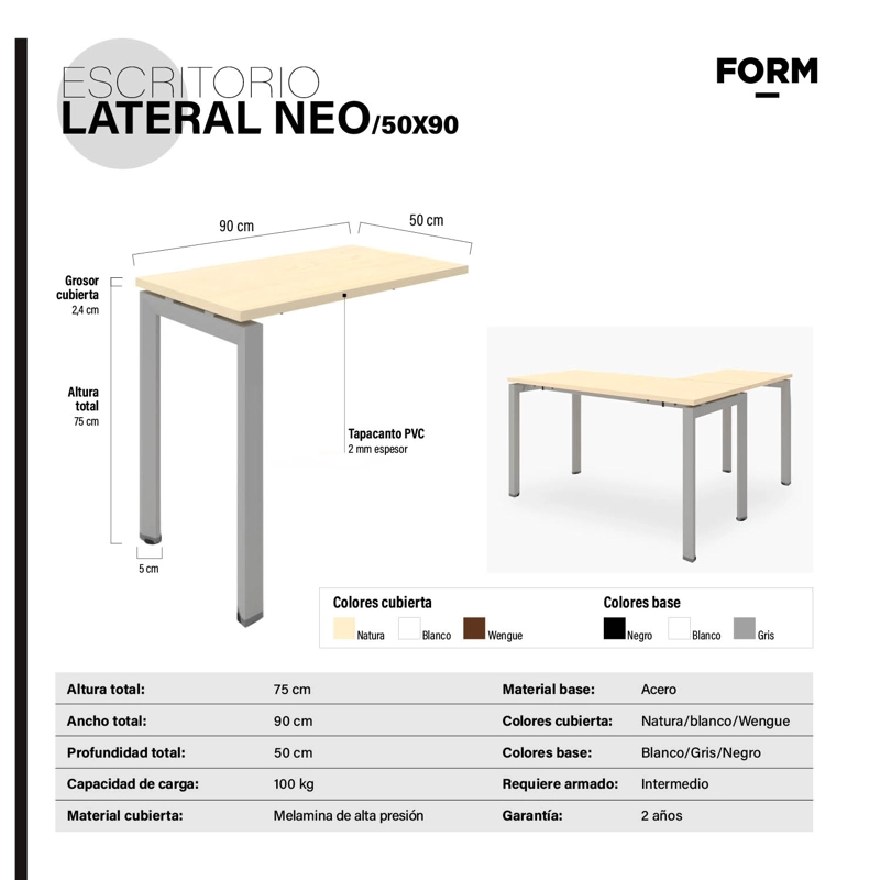 ESCRITORIO FORM OFFICE LATERAL NEO 50X90 METAL - 7