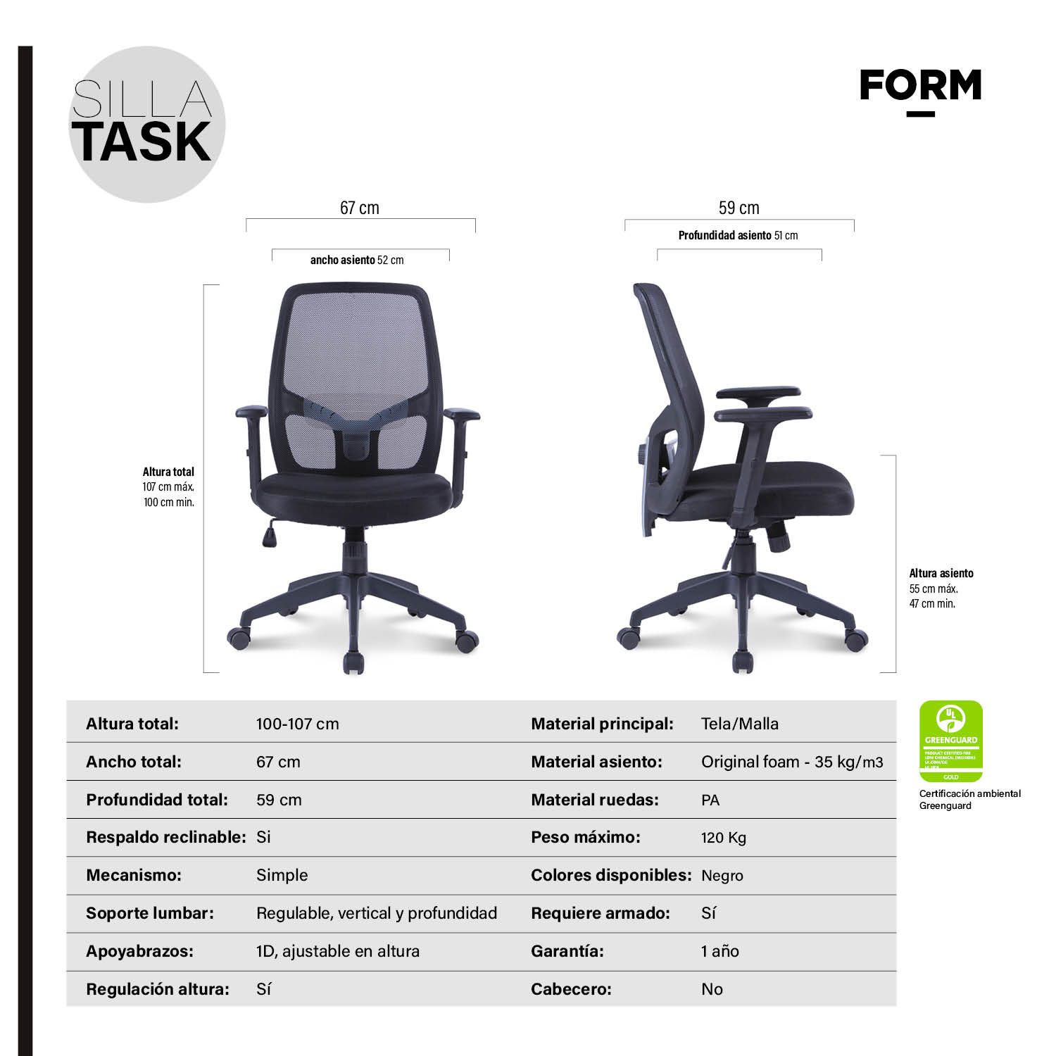 SILLA OFICINA FORM OFFICE NEGRO TASK - 7