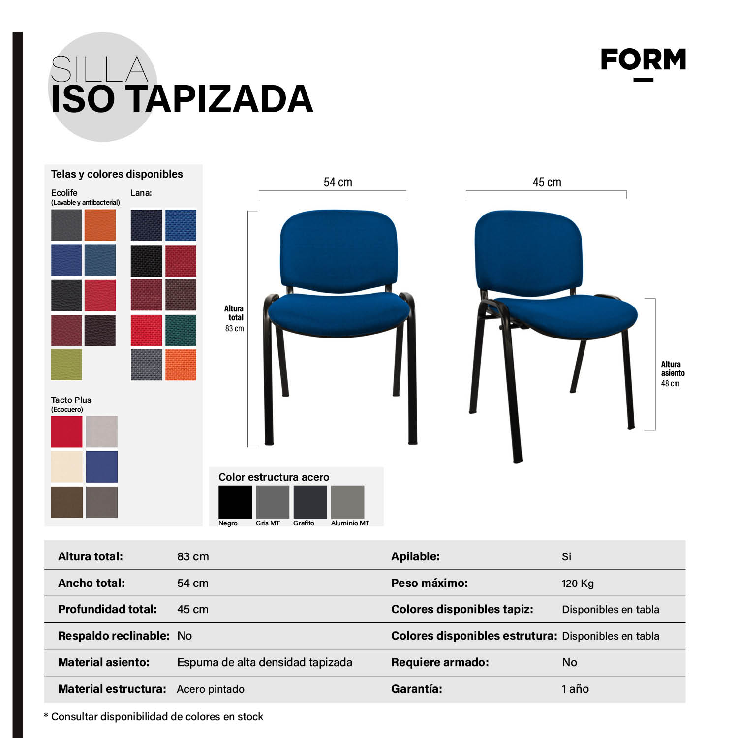 SILLA FORM OFFICE METAL AZUL VISITA ISO TAPIZ - 3