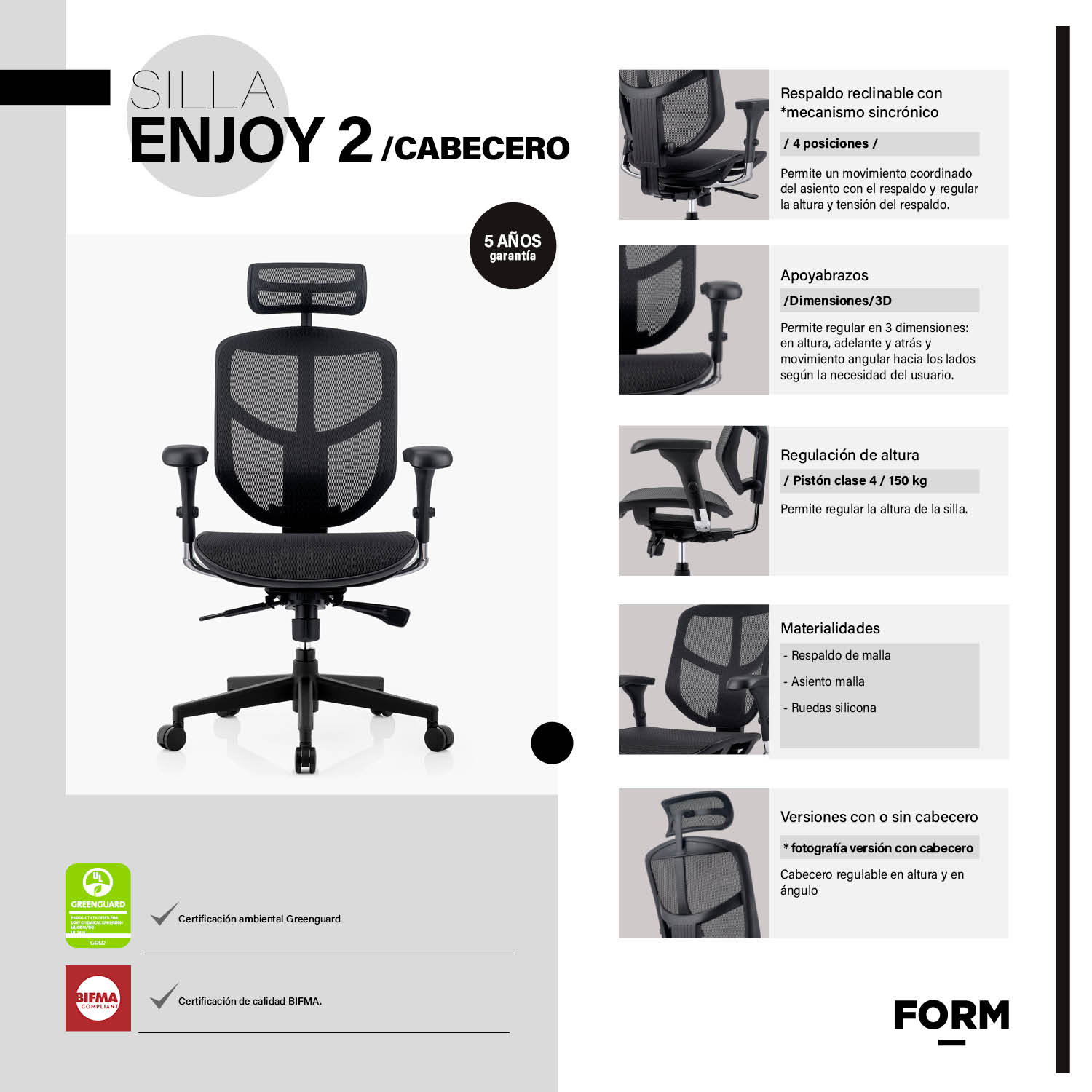 SILLA FORM OFFICE NEGRO ENJOY 2 C/CABECERO - 5
