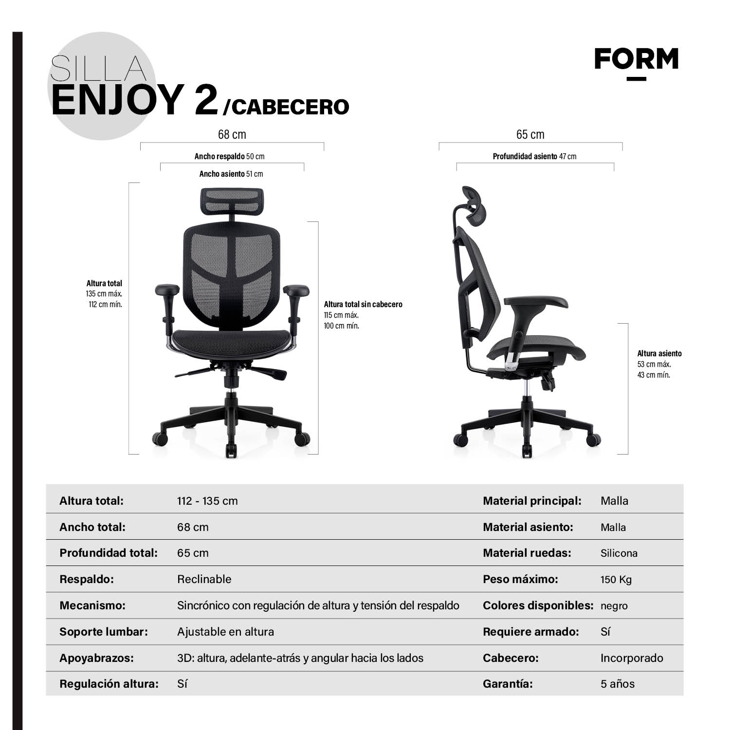 SILLA FORM OFFICE NEGRO ENJOY 2 C/CABECERO - 6