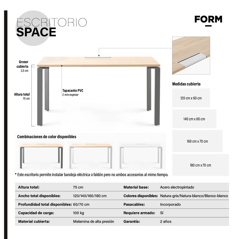 ESCRITORIO FORM OFFICE SPACE 180X70 NATURA/BLANCO METAL - 9