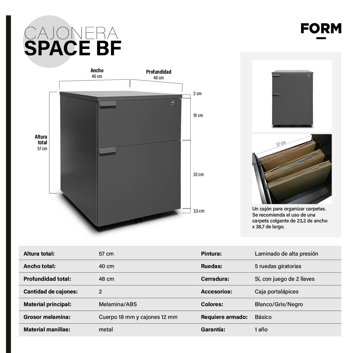 CAJONERA FORM OFFICE MADERA GRIS MELAMINA SPACE BF - 5