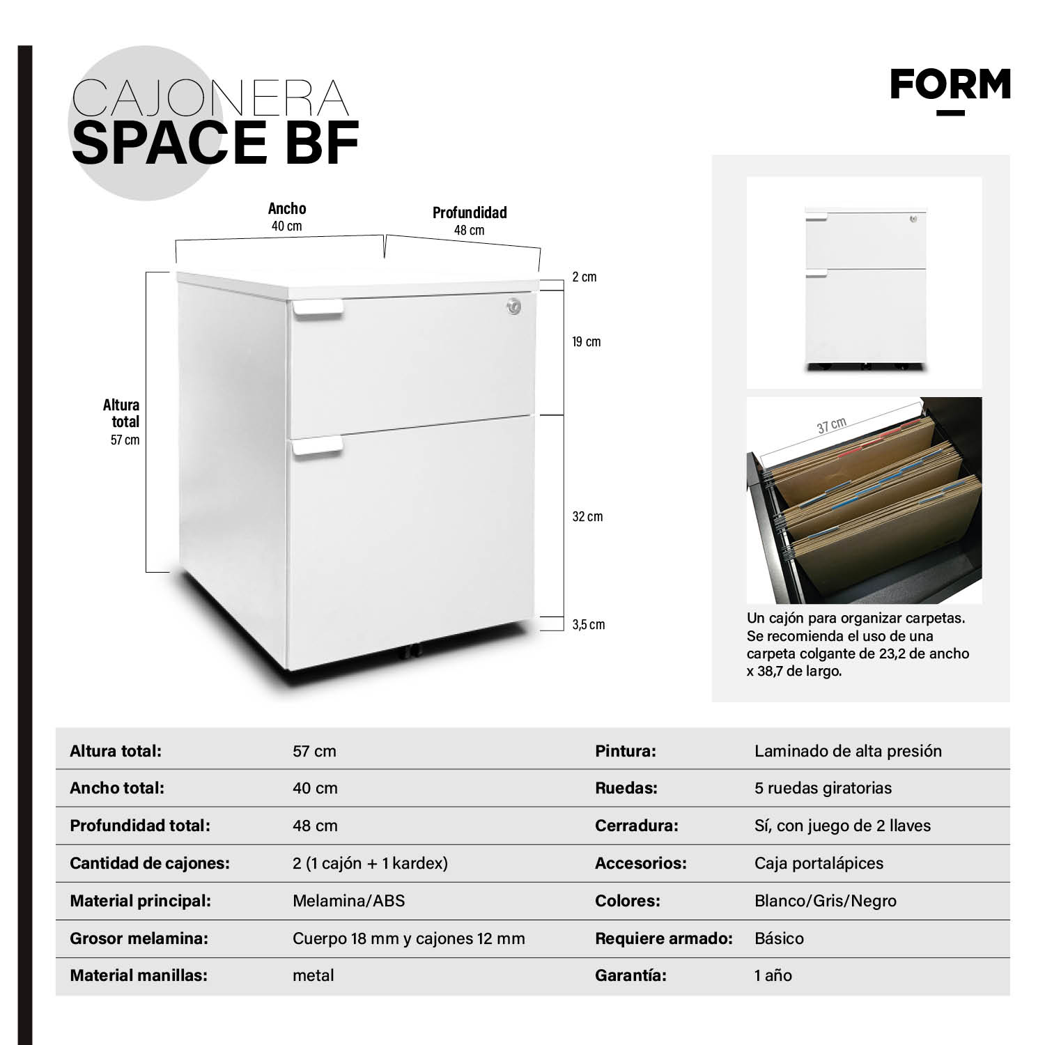 CAJONERA FORM OFFICE MADERA BLANCO MELAMINA SPACE BF - 5