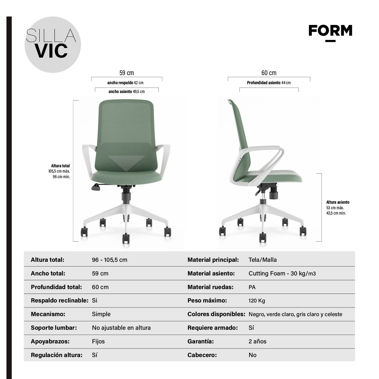 SILLA EJECUTIVA FORM OFFICE VERDE CLARO OFICINA VIC - 7