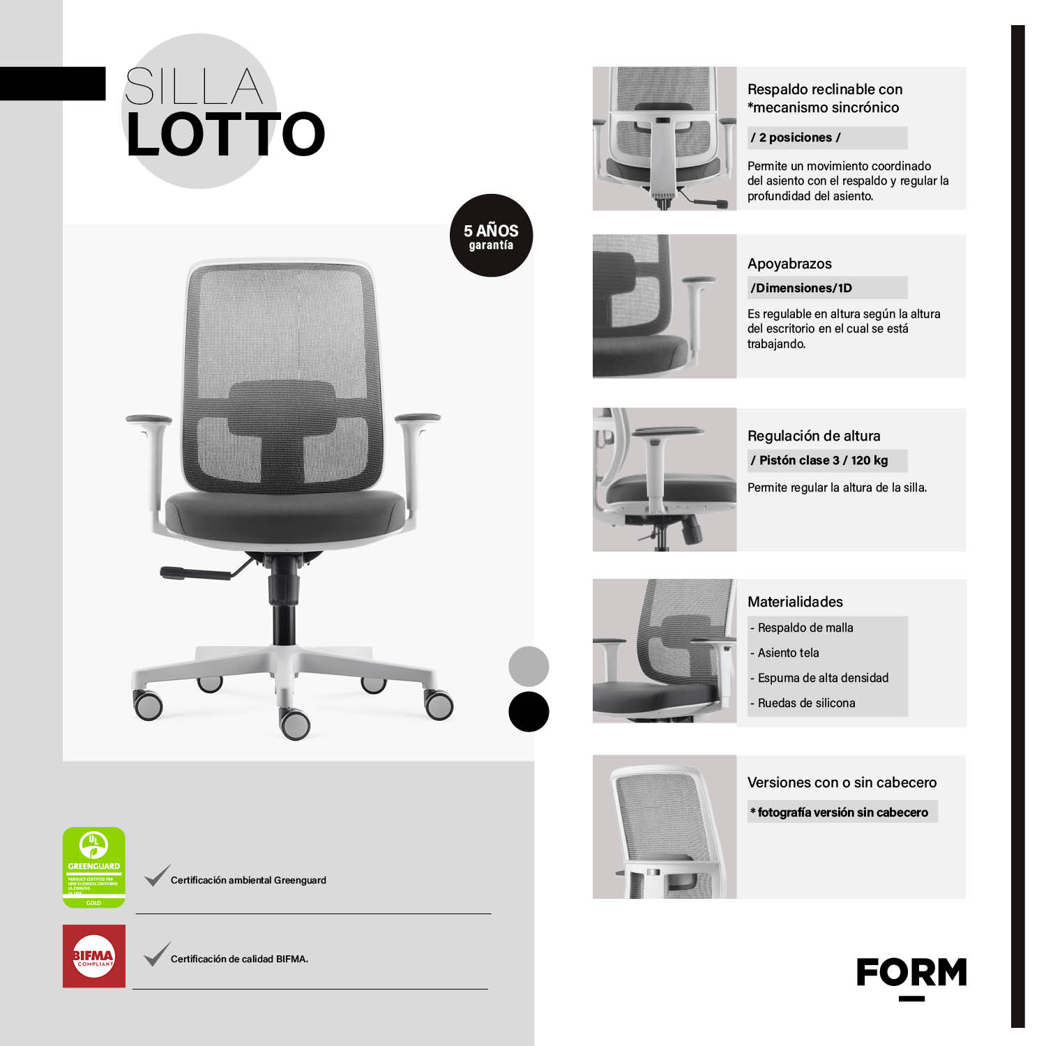 SILLA OFICINA FORM OFFICE GRIS CLARO LOTTO - 7