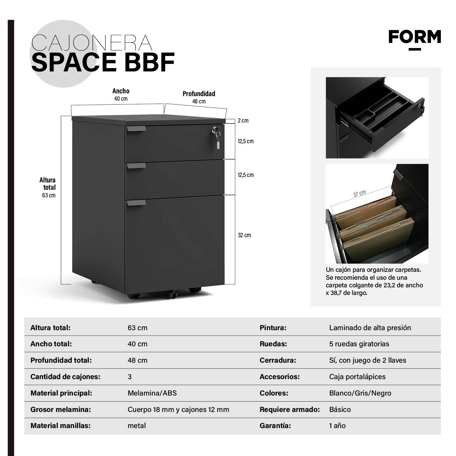 CAJONERA FORM OFFICE MADERA NEGRO MELAMINA SPACE BBF - 6