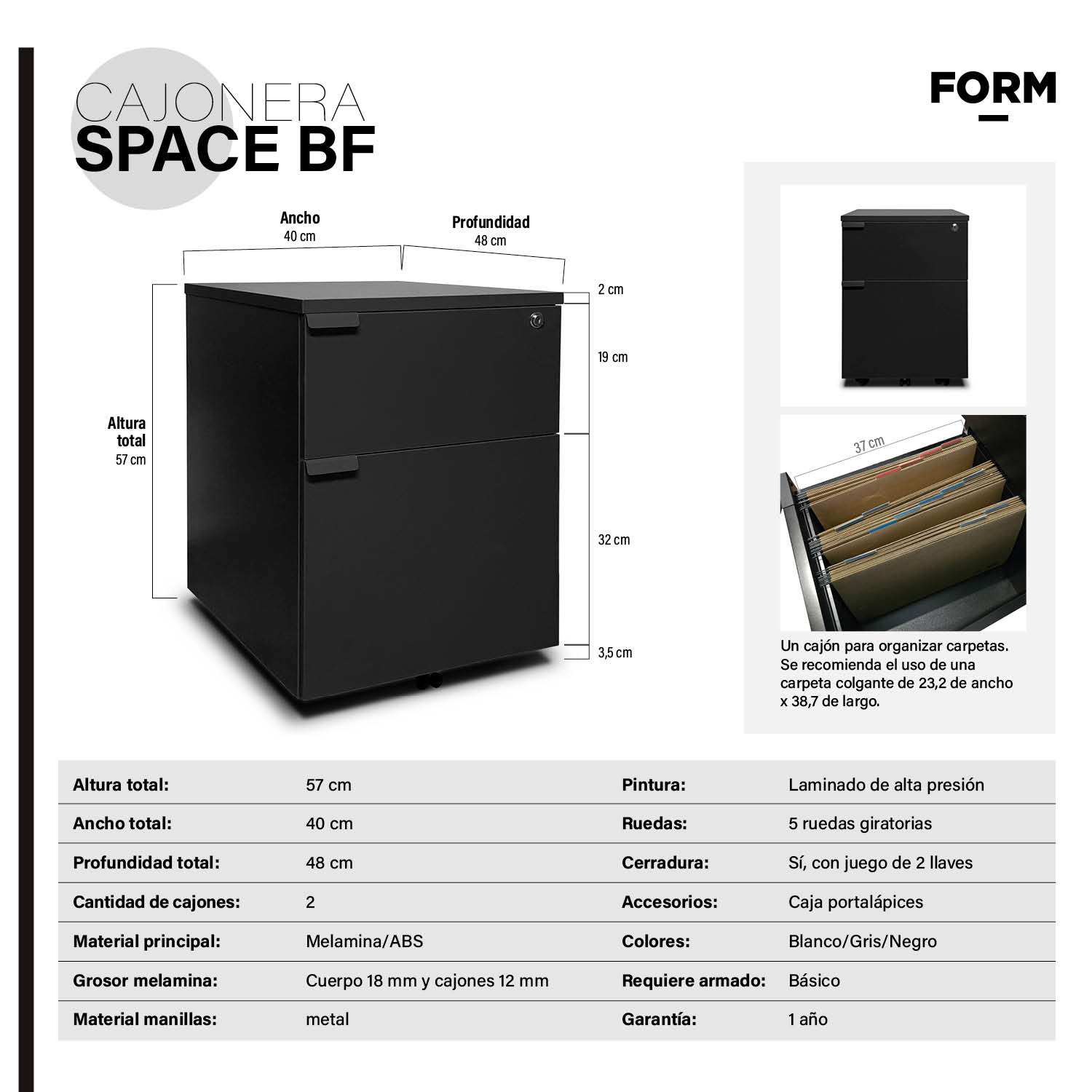 CAJONERA FORM OFFICE MADERA NEGRO MELAMINA SPACE BF - 5