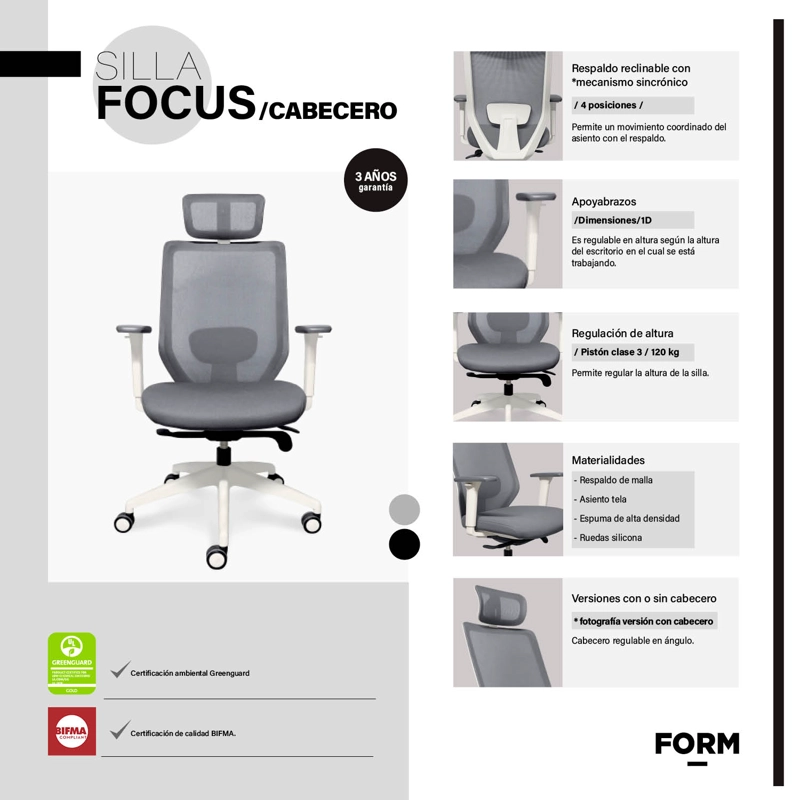 SILLA OFICINA FORM OFFICE GRIS CLARO FOCUS CON CABECERO - 5
