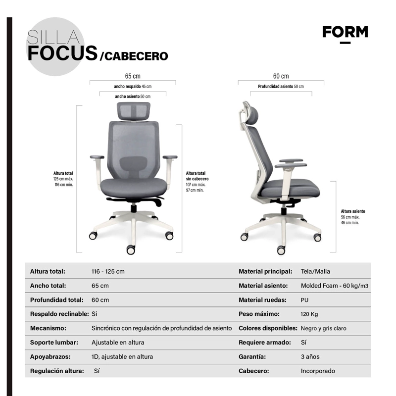 SILLA OFICINA FORM OFFICE GRIS CLARO FOCUS CON CABECERO - 6