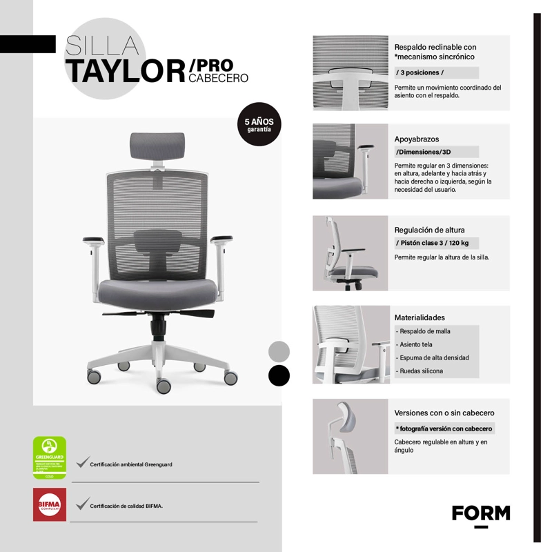 SILLA OFICINA FORM OFFICE GRIS CLARO TAYLOR PRO CON CABECERO - 7