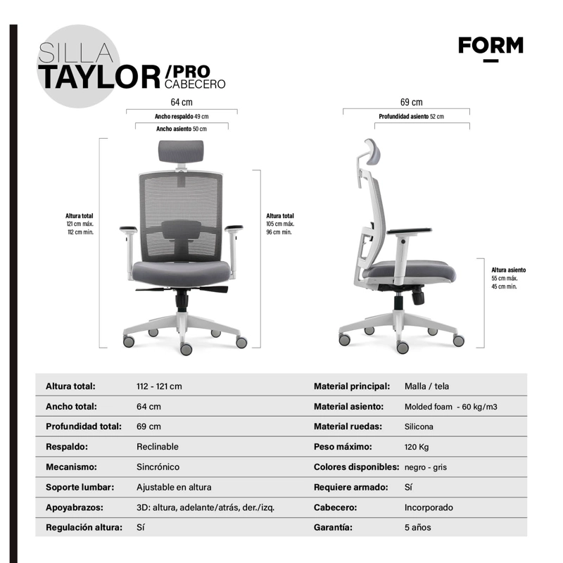 SILLA OFICINA FORM OFFICE GRIS CLARO TAYLOR PRO CON CABECERO - 8