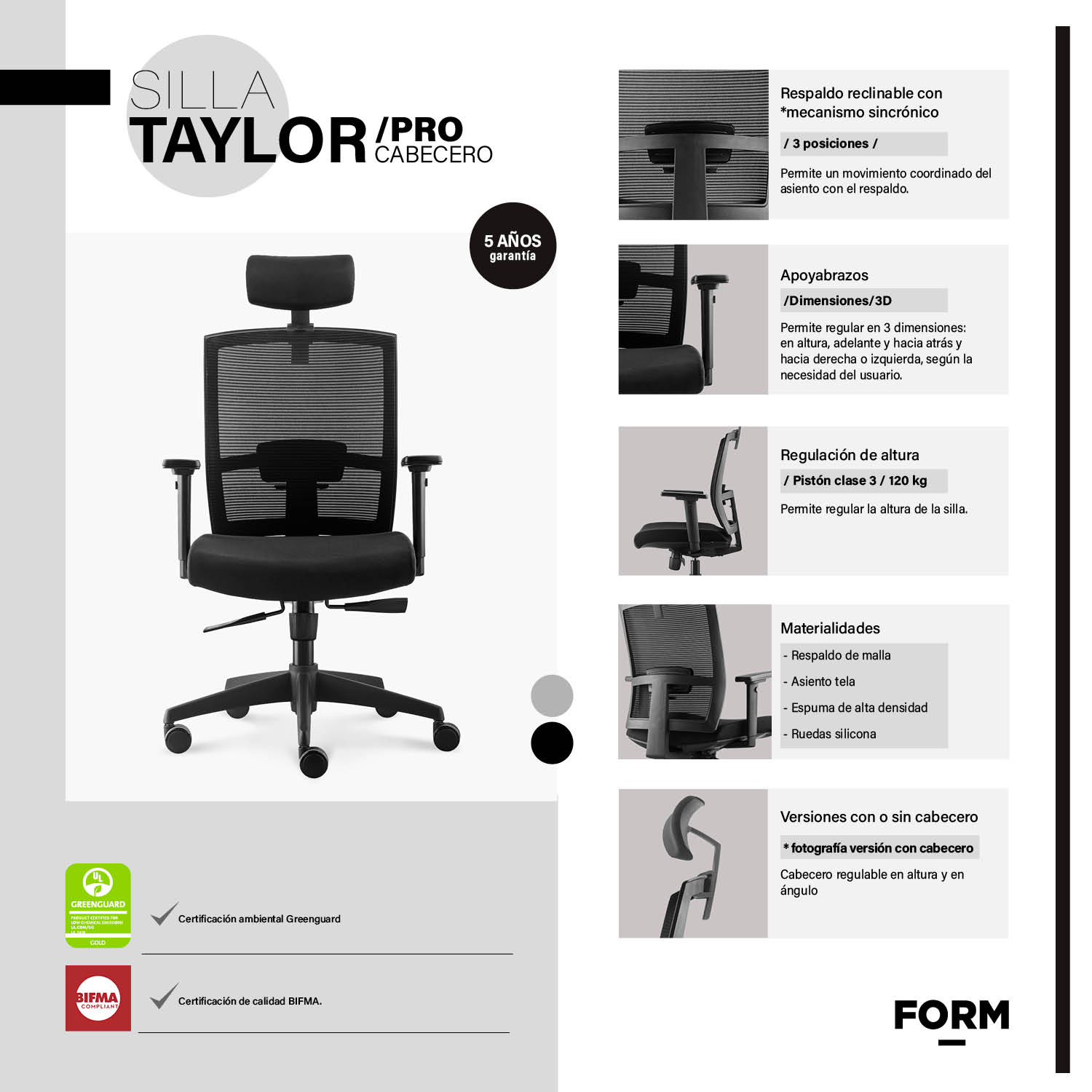 SILLA OFICINA FORM OFFICE NEGRO TAYLOR SYNCRO CON CABECERO - 6