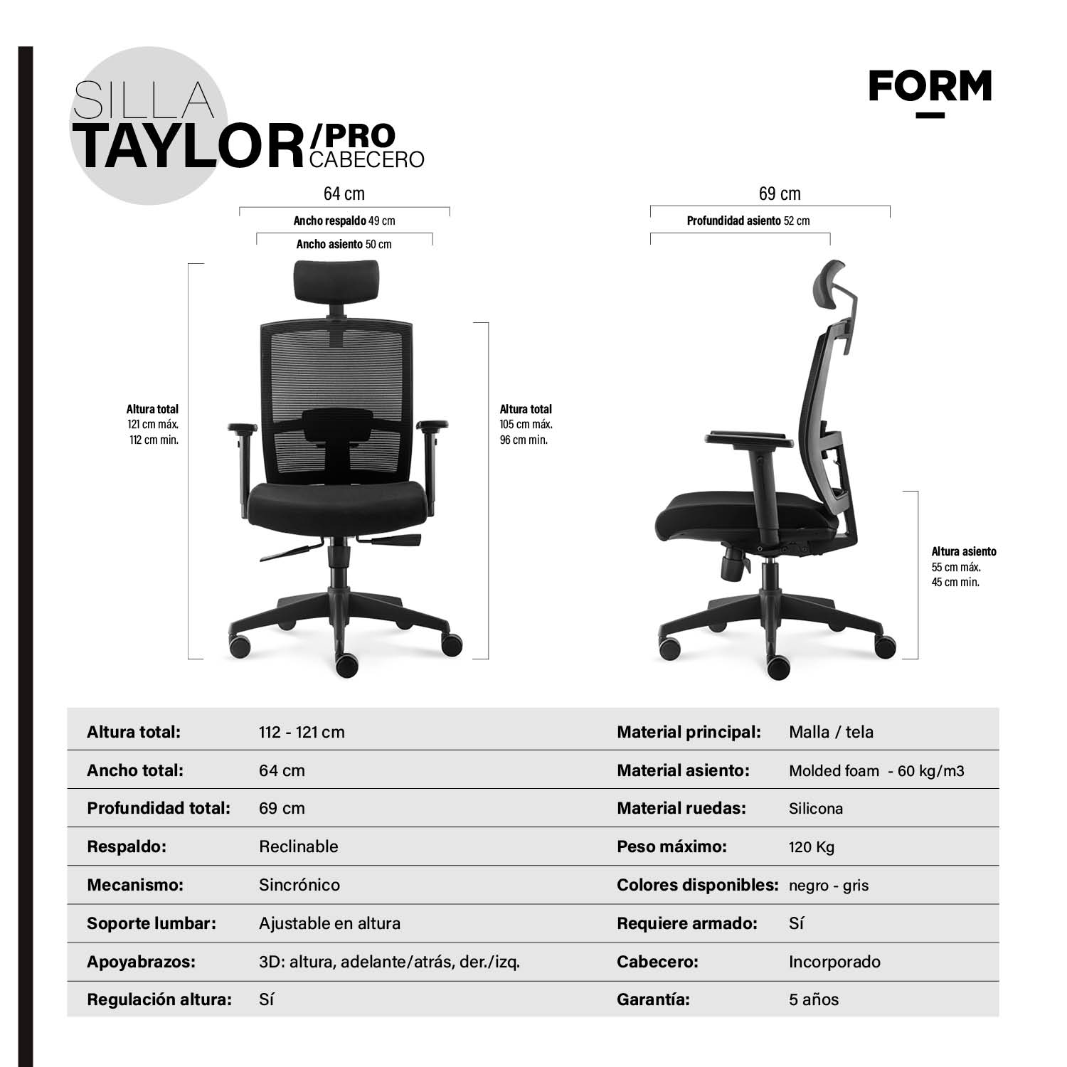 SILLA OFICINA FORM OFFICE NEGRO TAYLOR SYNCRO CON CABECERO - 7