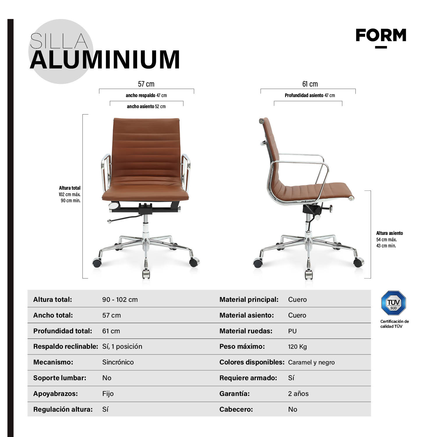 SILLA OFICINA FORM OFFICE CUERO CAFE ALUMINIUM - 6