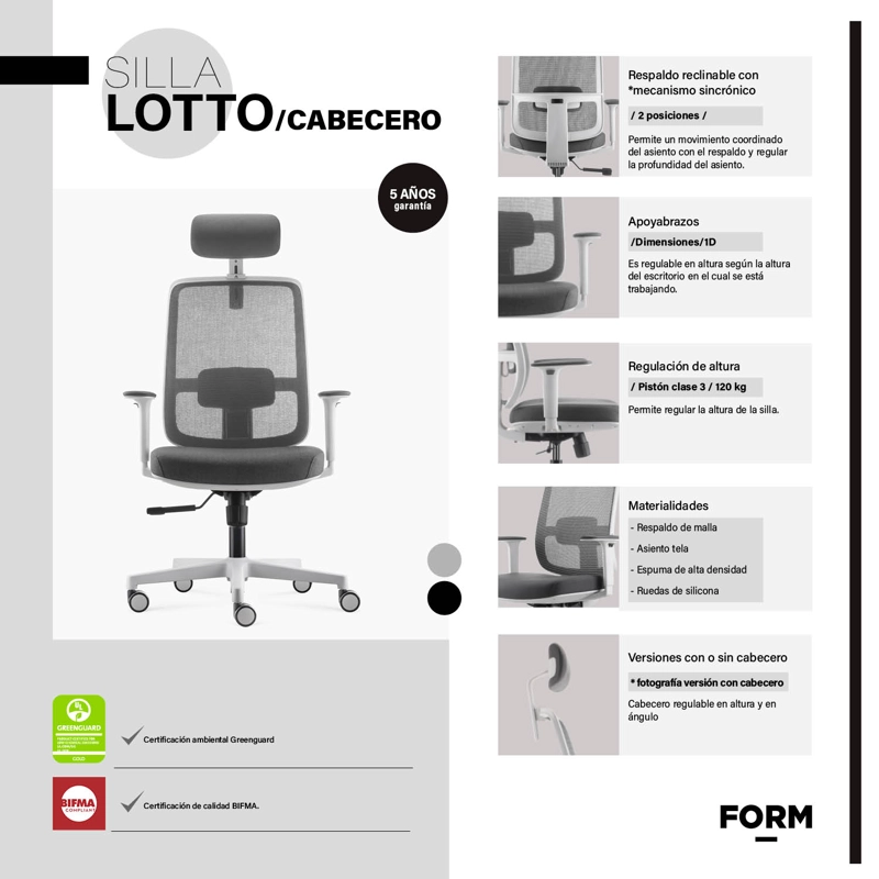SILLA OFICINA FORM OFFICE GRIS CLARO LOTTO CON CABECERO - 6
